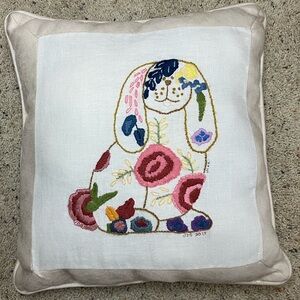 Handmade Crewel Embroidery Floppy Ear Bunny Rabbit Throw Pillow Florals Whimsy